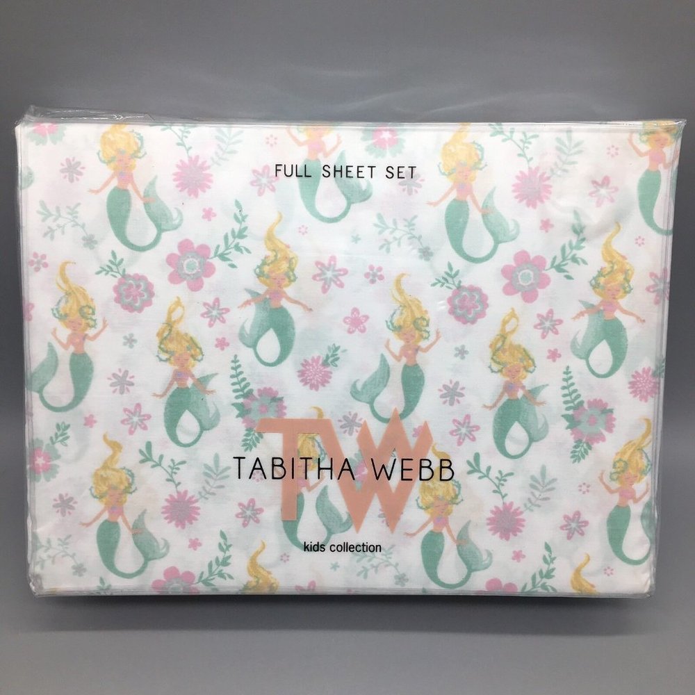 4pc Mermaid FULL Sheet Set Floral Ocean Pink Mint Green Tabitha Webb Designer